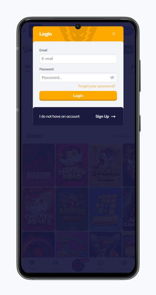 Login form valor casino